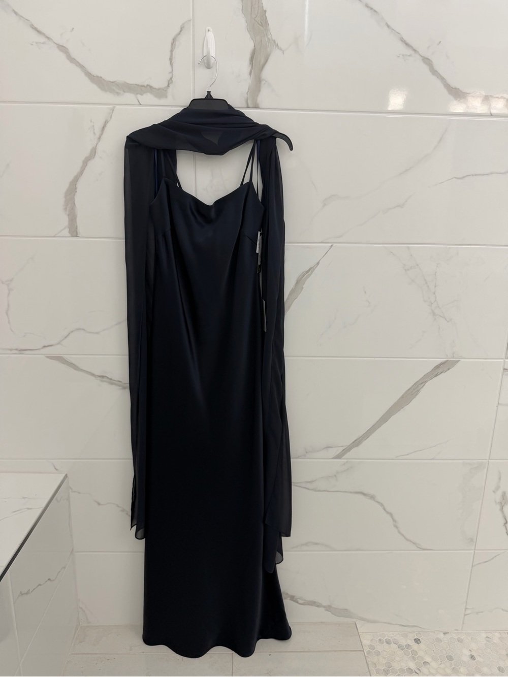 XScape Elegant Navy Blue Slip Maxi Dress with Sheer Shawl